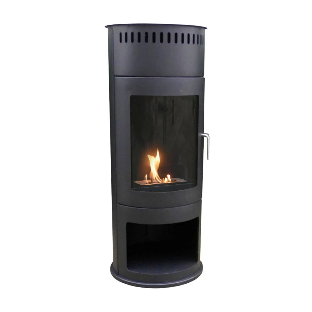 ScandiFlames Washington black bioethanol stove with lit flames, studio shot
