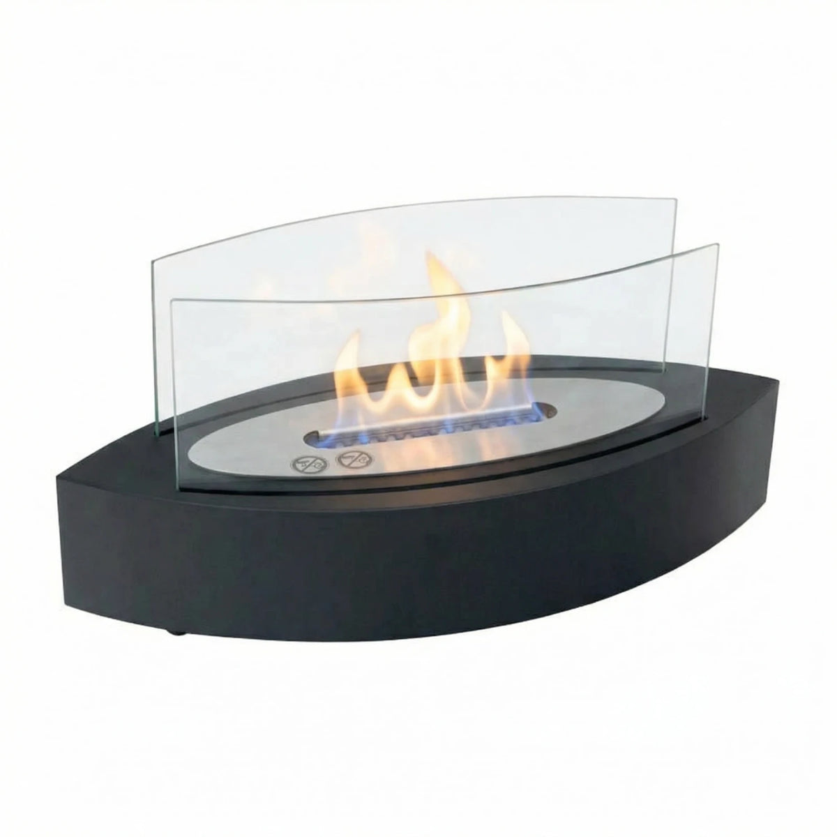 ScandiFlames oval black tabletop bioethanol fireplace, lit, white studio shot