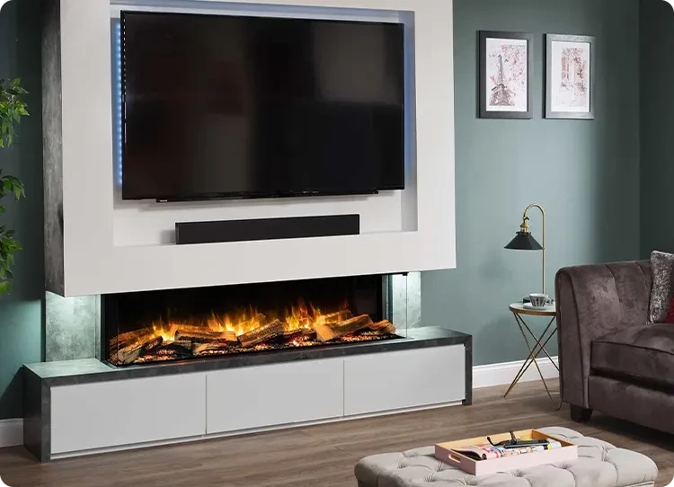 pared multimedia con chimenea Flamerite
