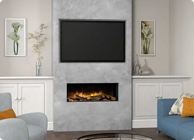Pared multimedia con televisor y chimenea eléctrica de Flamerite