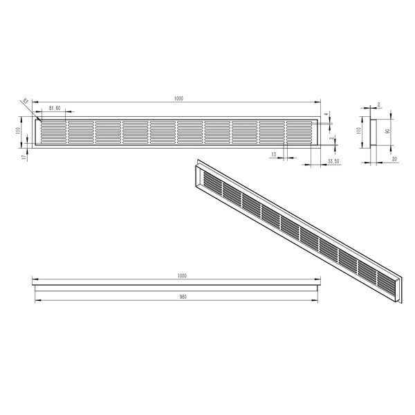 Rejilla de ventilación blanca - 100x11 cm - 420 cm²