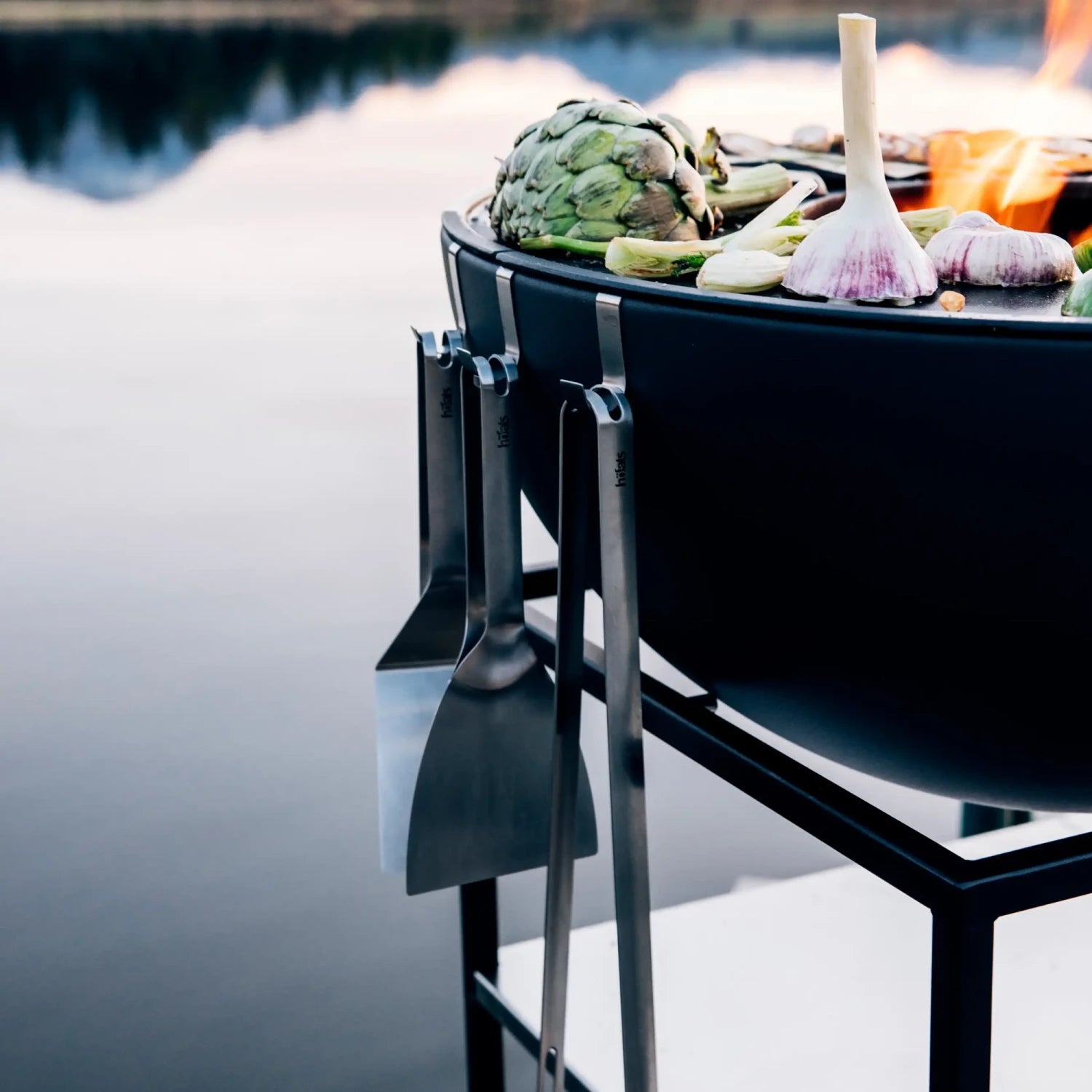 Höfats Grill Tool Set consisting of grill tongs, grill scraper, and spatula