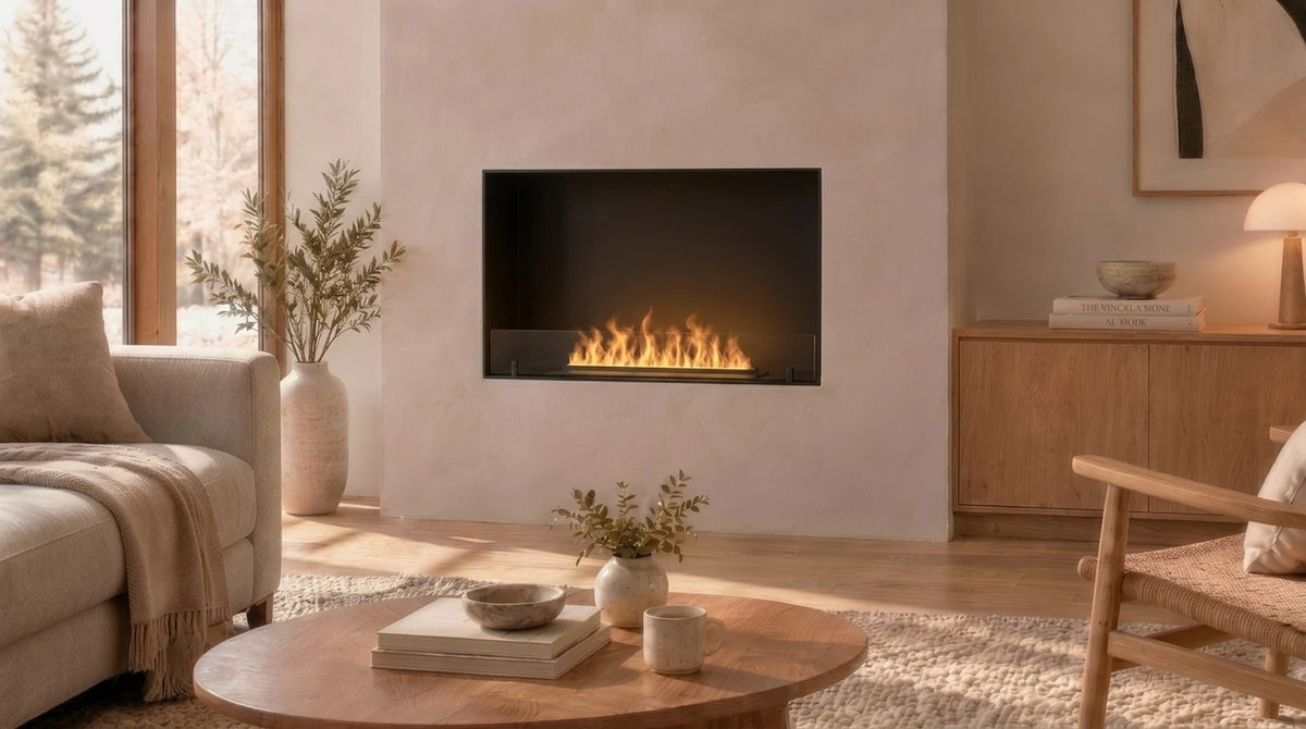 Foco Myst One 800 built-in water vapour fireplace with a low water vapour flame in a living room wall