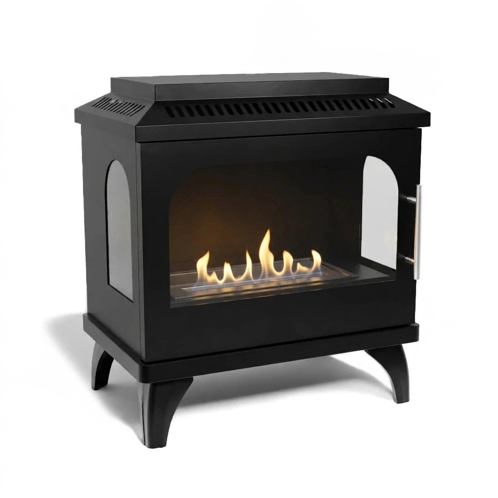 ScandiFlames Atlanta Single bioethanol stove with lit flame, angled studio view