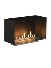 Foco One 1000 single-sided built-in bioethanol fireplace, unlit frame studio shot with realistic lit flame