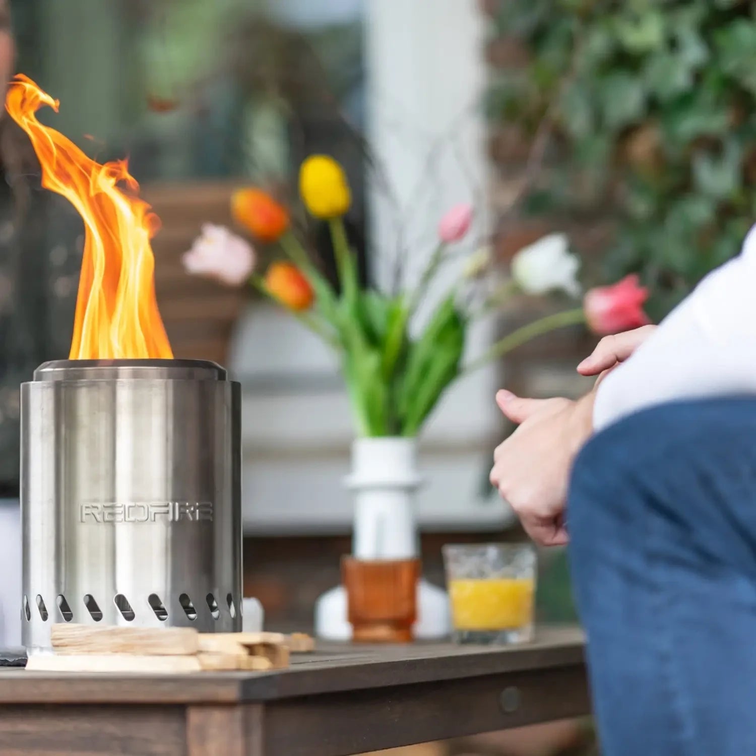 Medium Volcano tabletop fire pit in stainless steel with clean flame