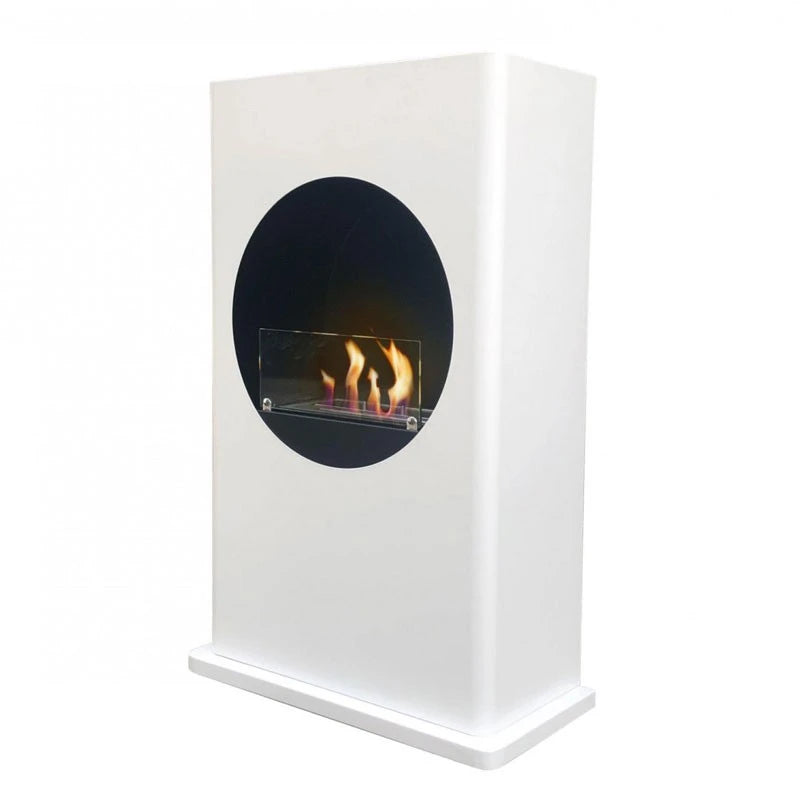 Bio chimenea de color blanco con un corte redondo