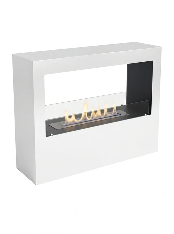 Lansing L White two-sided freestanding bio fireplace, angled studio shot on white background with a realistic lit flame