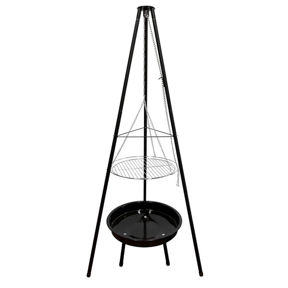 Tripod with grill and fire bowl, designed for outdoor cooking and warming
