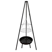 Tripod with grill and fire bowl, designed for outdoor cooking and warming