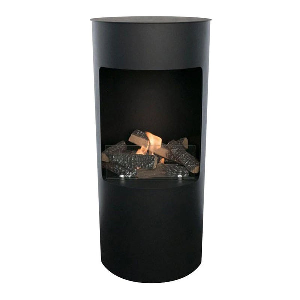 Montgomery black round bioethanol fireplace with decorative logs, lit with a realistic flame, white-background studio shot