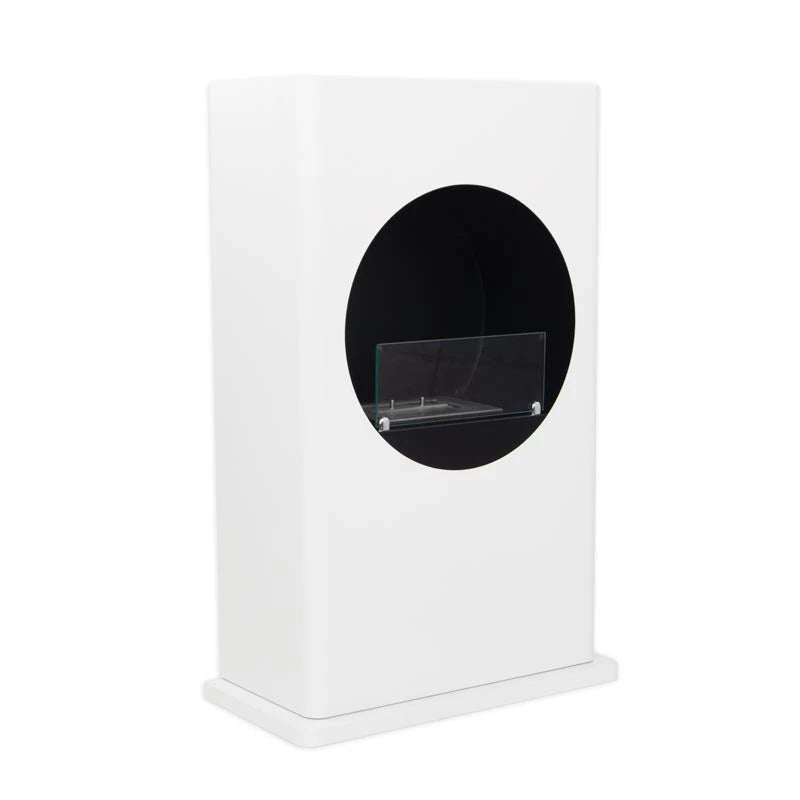 Bio chimenea de color blanco con un corte redondo