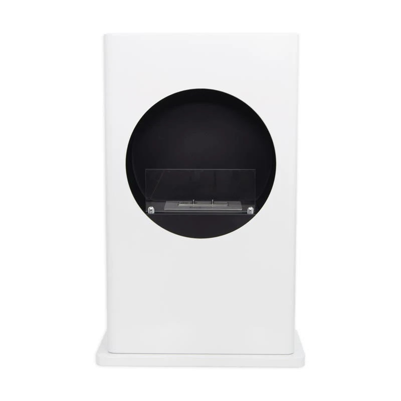 Bio chimenea de color blanco con un corte redondo