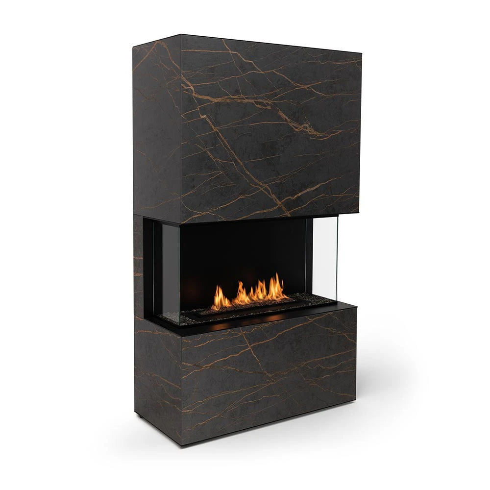 Planika Stone Laurent bioethanol fireplace with a Dekton frame in black marble look