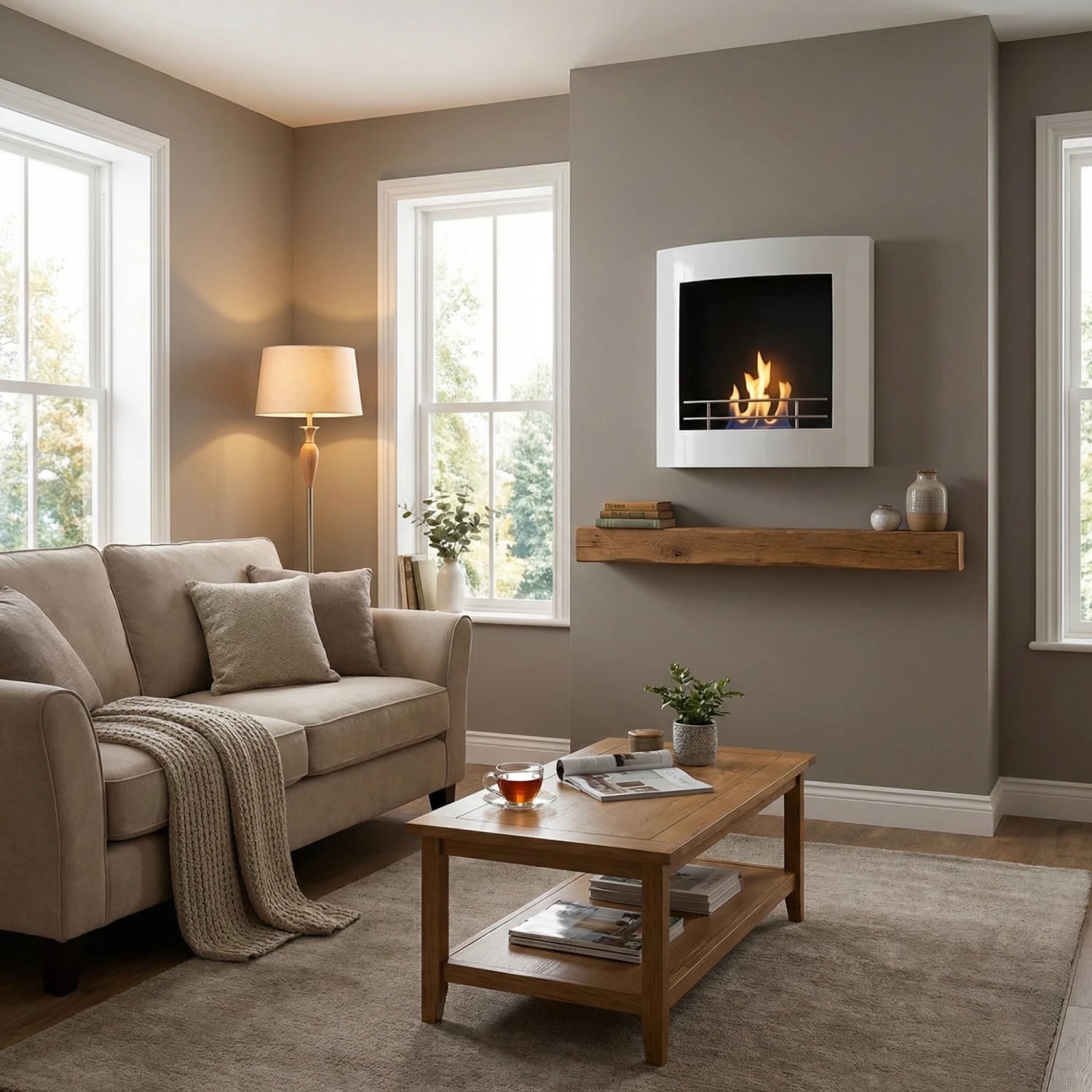 Curved Ethanol Fireplace in White
