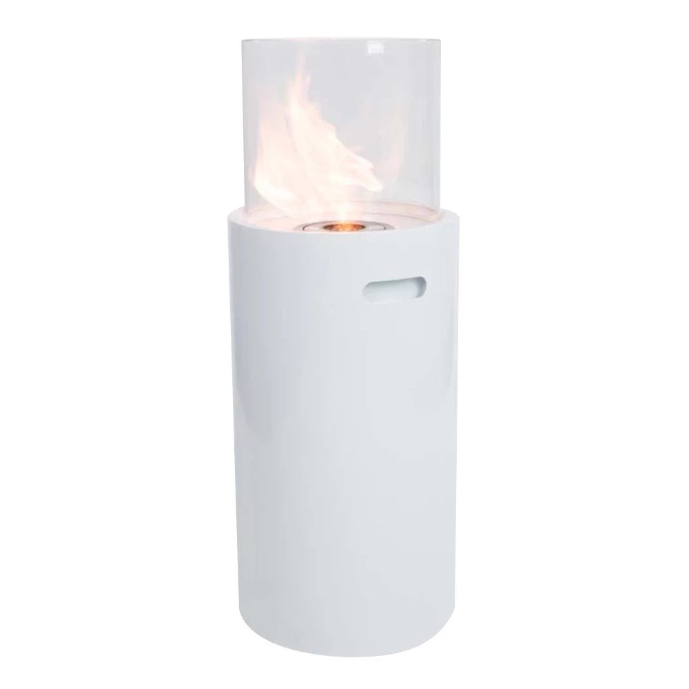 Freestanding cylindrical bioethanol fireplace in white finish