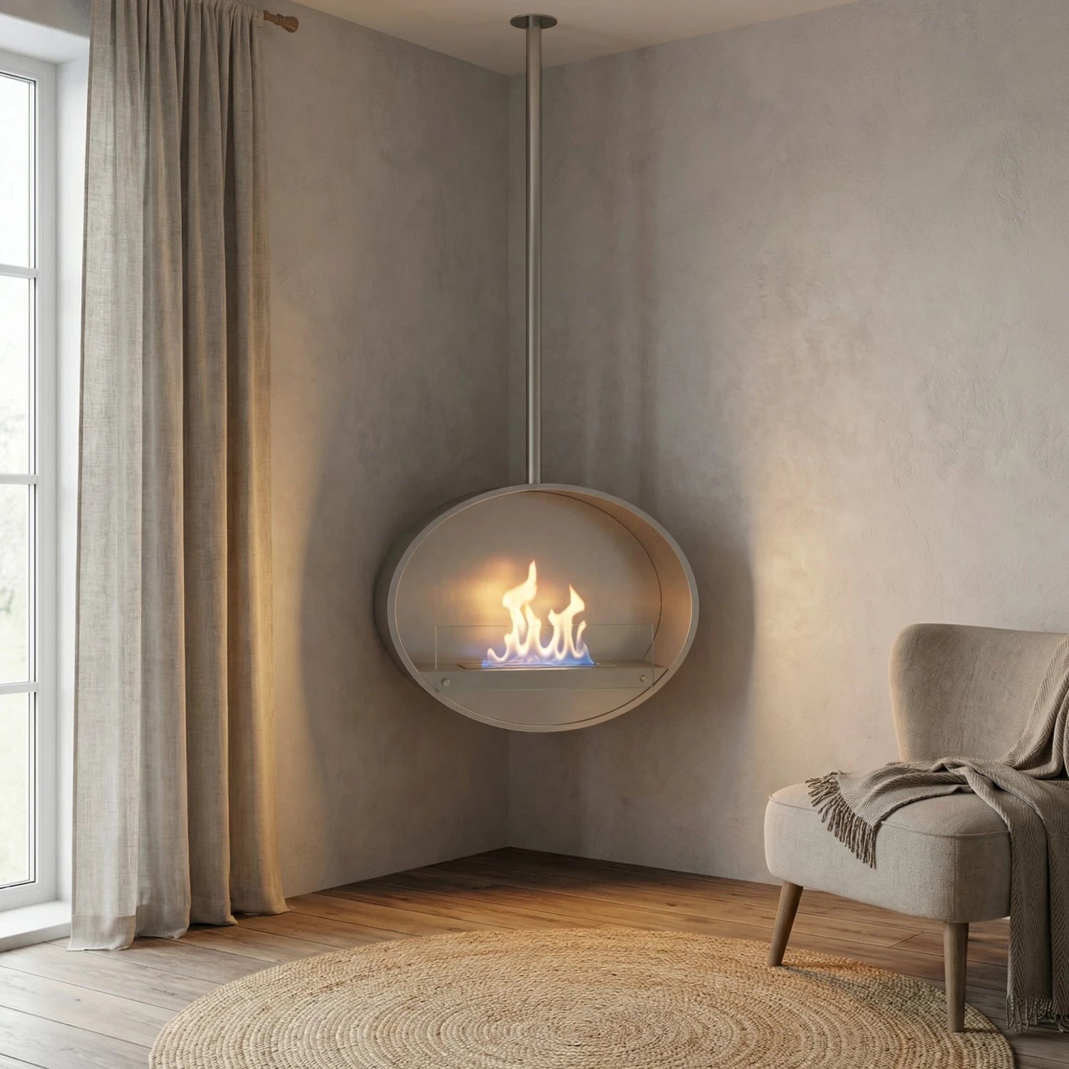 Halifax Steel Oval Ceiling hanging ethanol fireplace 80 cm