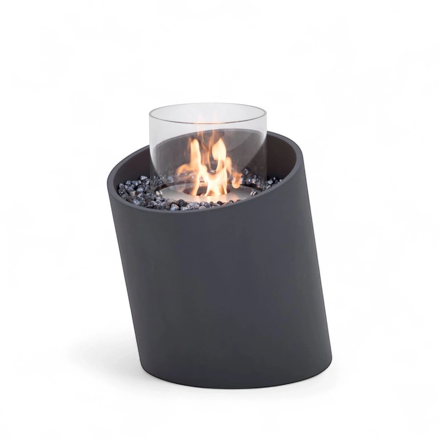 TORRE bioethanol fireplace M – black fiber concrete column with glass and blue stones