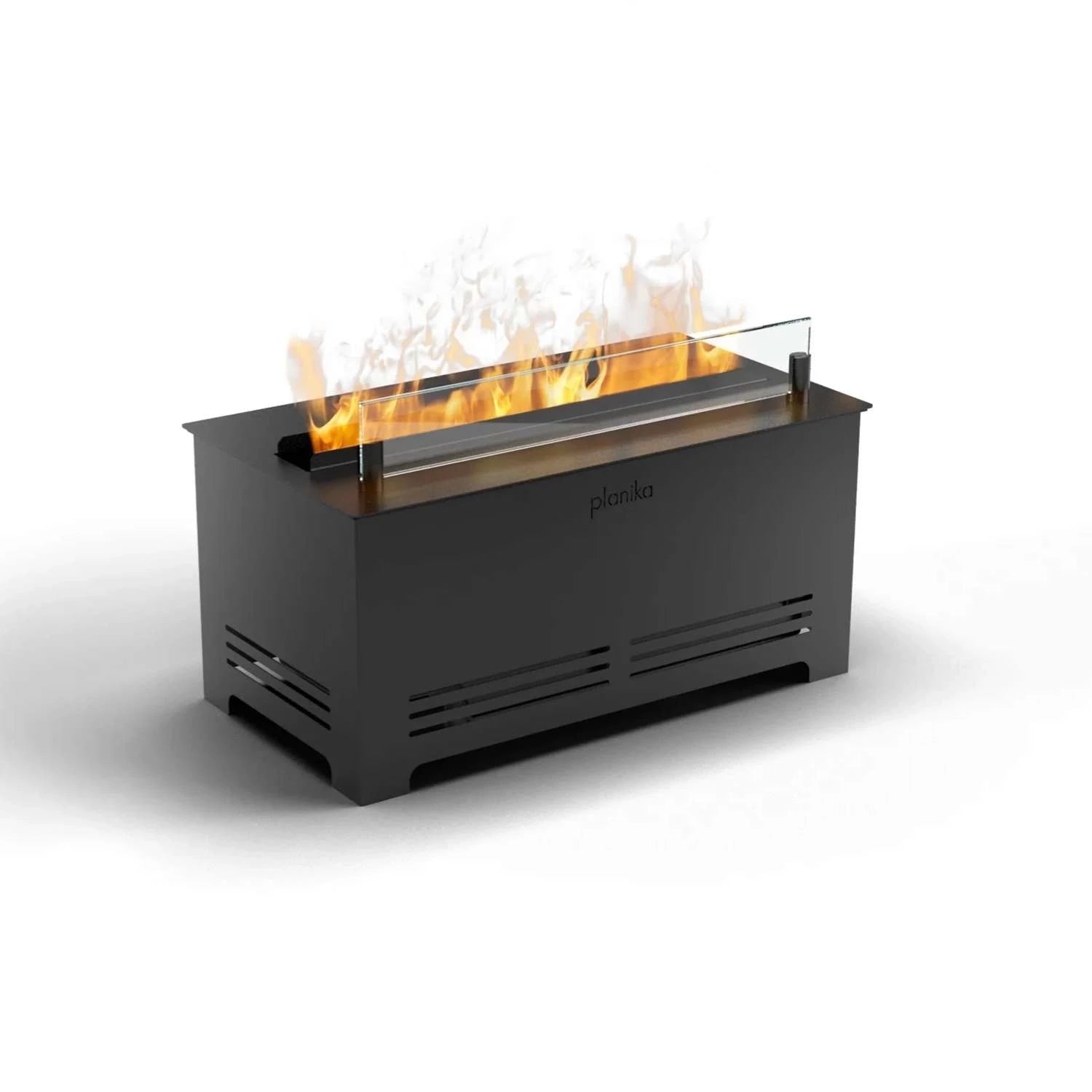 Cloudy freestanding water vapour fireplace in black, featuring realistic water vapour flames.