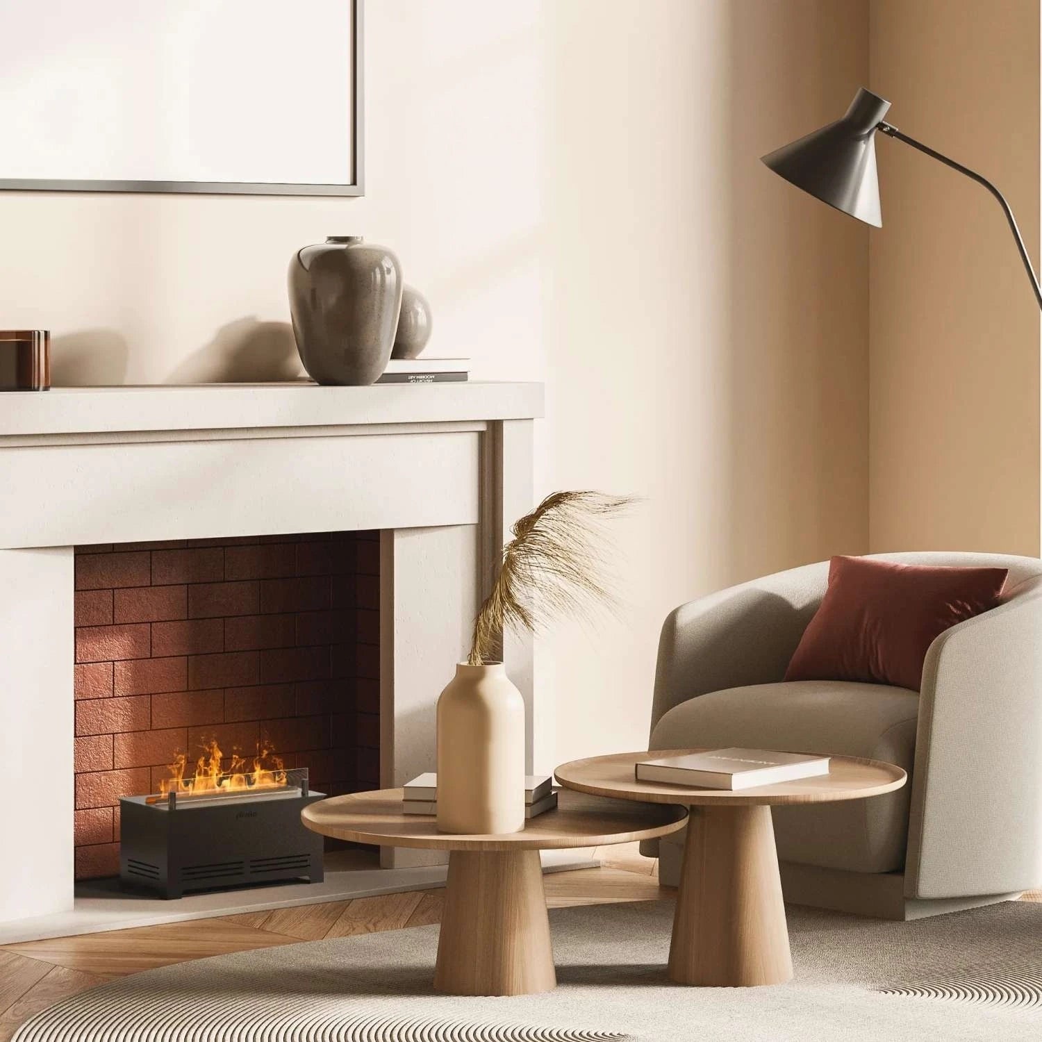 Cloudy freestanding water vapour fireplace in black, featuring realistic water vapour flames.