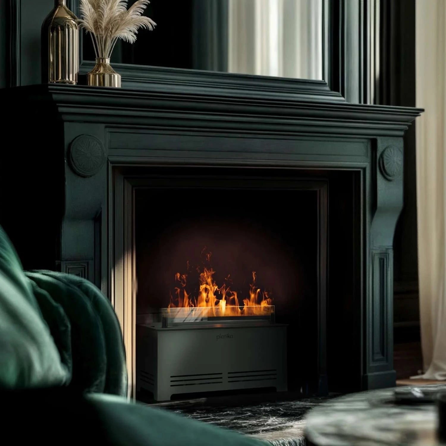 Cloudy freestanding water vapour fireplace in black, featuring realistic water vapour flames.