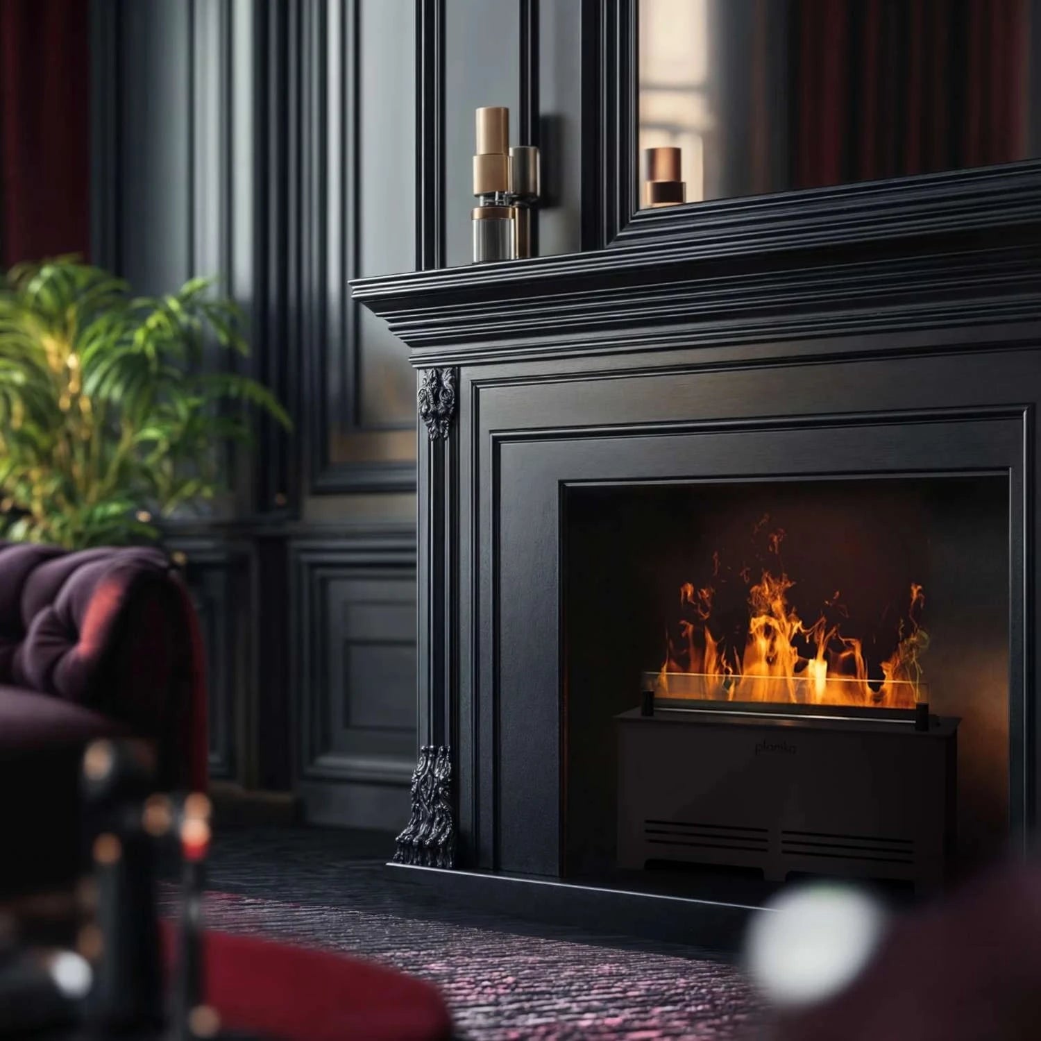 Cloudy freestanding water vapour fireplace in black, featuring realistic water vapour flames.