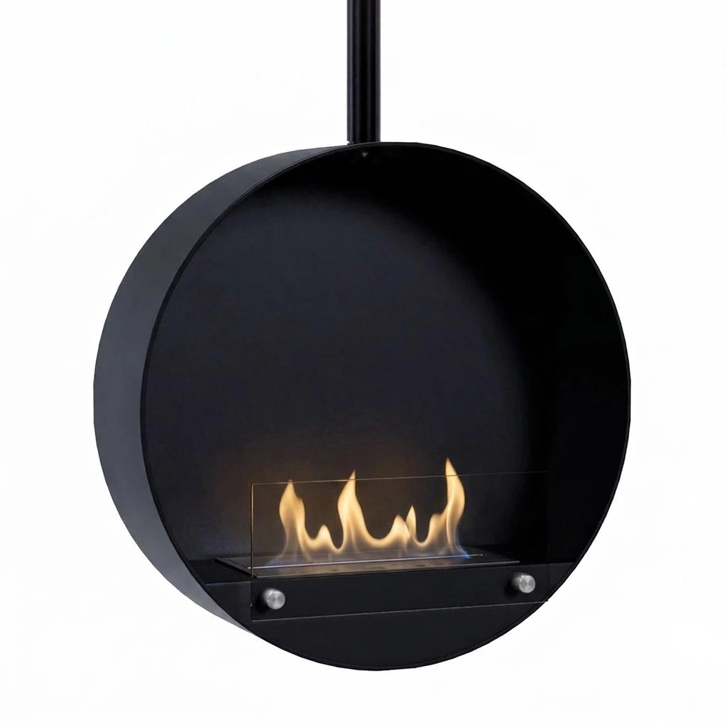 Ottawa black 60 cm bio fireplace, front view on white background with a realistic lit flame