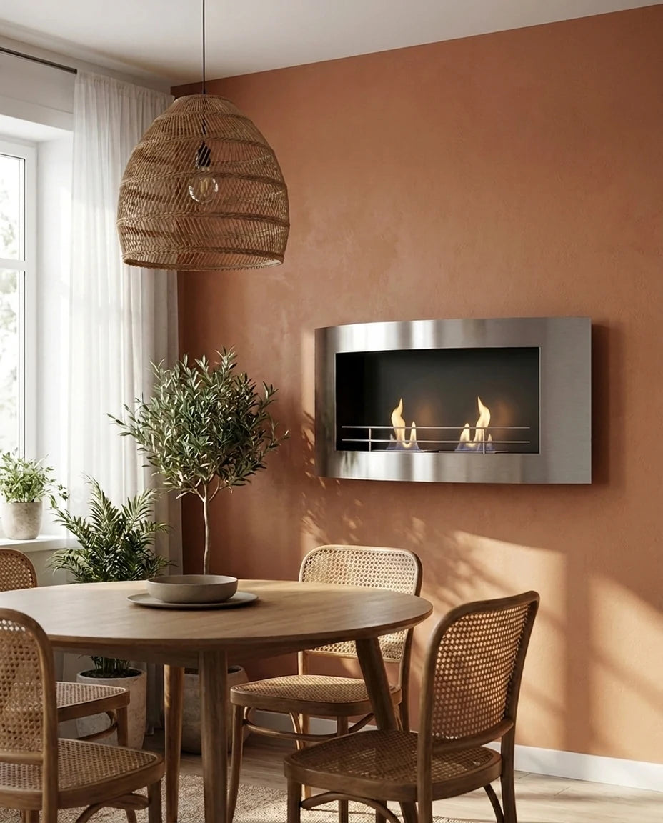 AI-generated lifestyle shot of a curved stainless steel wall-mounted bioethanol fireplace lit above a wooden dining table in a warm terracotta dining nook with rattan chairs