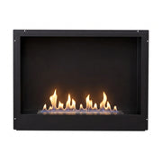 Surtur 23-inch black bioethanol fireplace insert, front-facing studio shot with lit flame