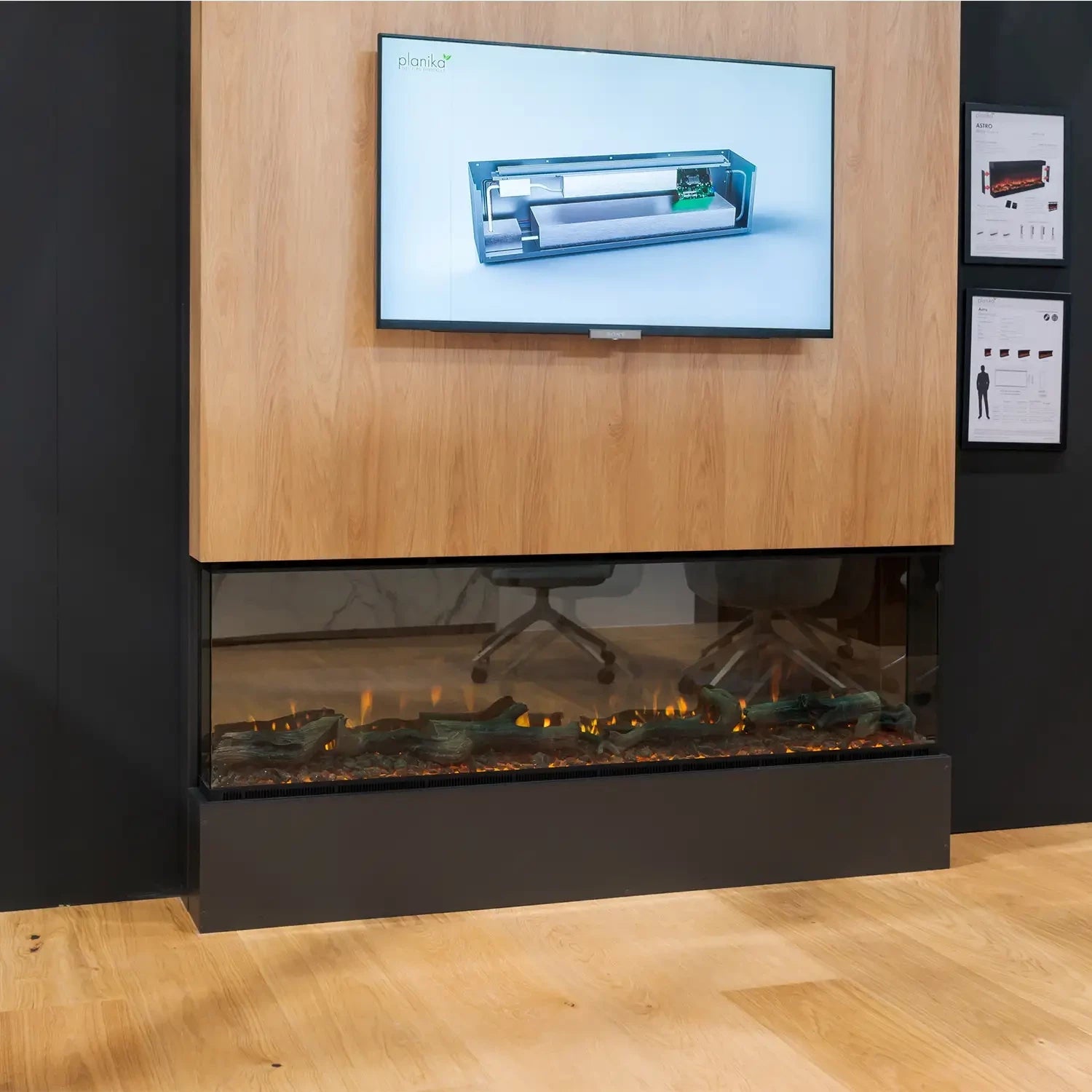 chimenea panorámica eléctrica empotrada en la pared