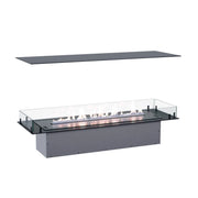 Foco Four 1200 four-sided built-in bioethanol fireplace with a realistic lit ethanol flame, white-background studio shot with the top plate shown detached above.