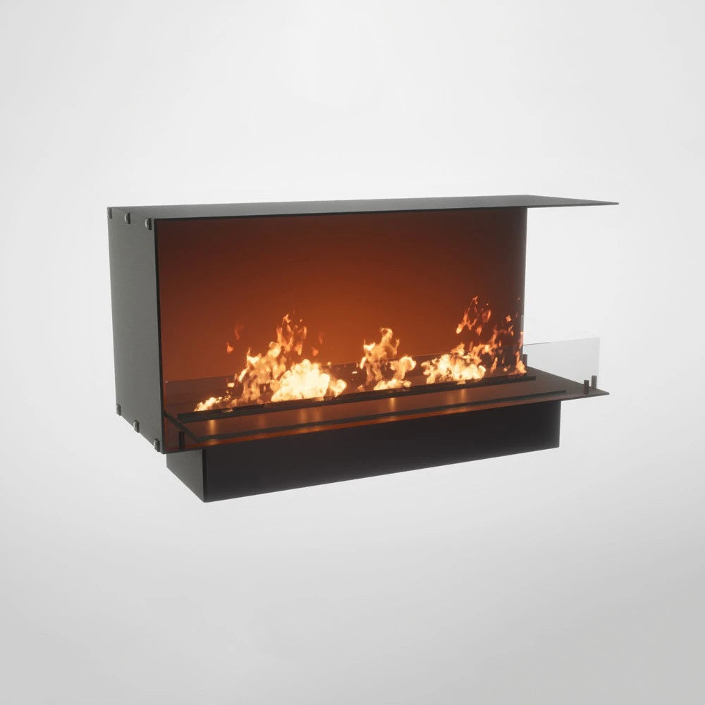 Foco Corner Right 1200 - Modern right-sided corner bioethanol fireplace with sleek black frame and tempered glass