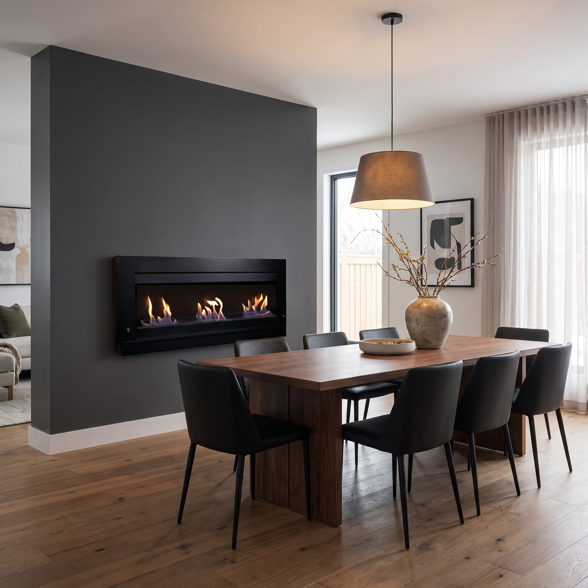 XL wall-mounted black bioethanol fireplace with lit flames, styled above a dark walnut dining table in a modern charcoal-grey dining room