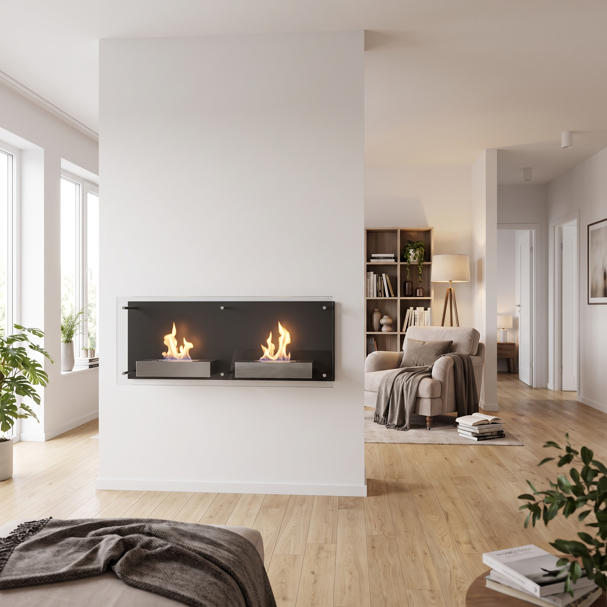 Double Nevada bioethanol wall-mounted fireplace with lit flames, styled in a spacious open-plan living room with a reading nook, bookshelf and hallway visible