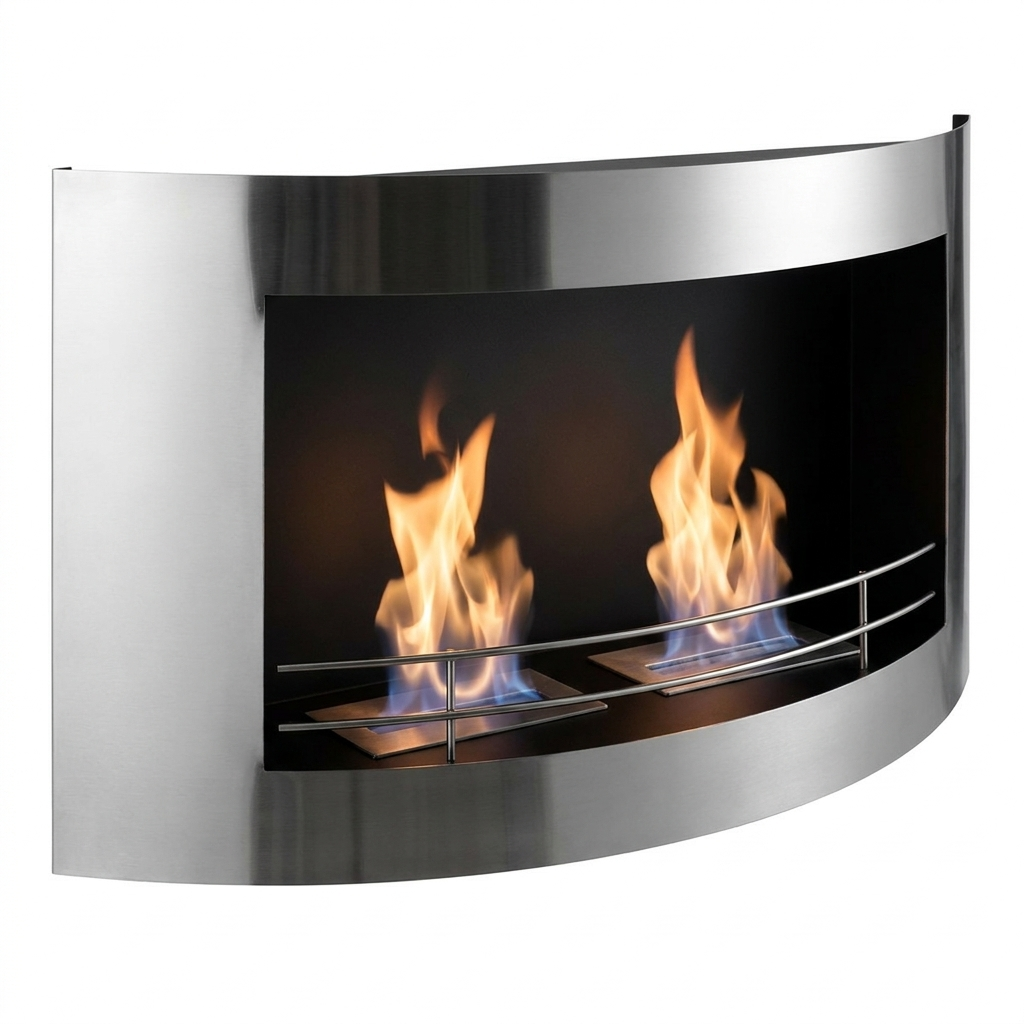 Curved stainless steel wall-mounted bioethanol fireplace with two lit burners, angled view
