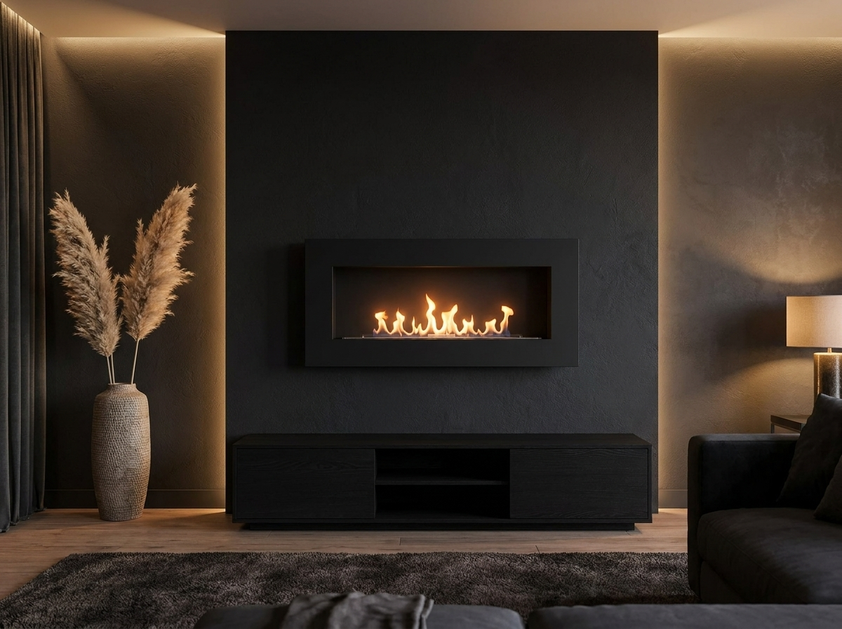 Murus 1200 black bio fireplace mounted on a charcoal accent wall above a media console, lit flame