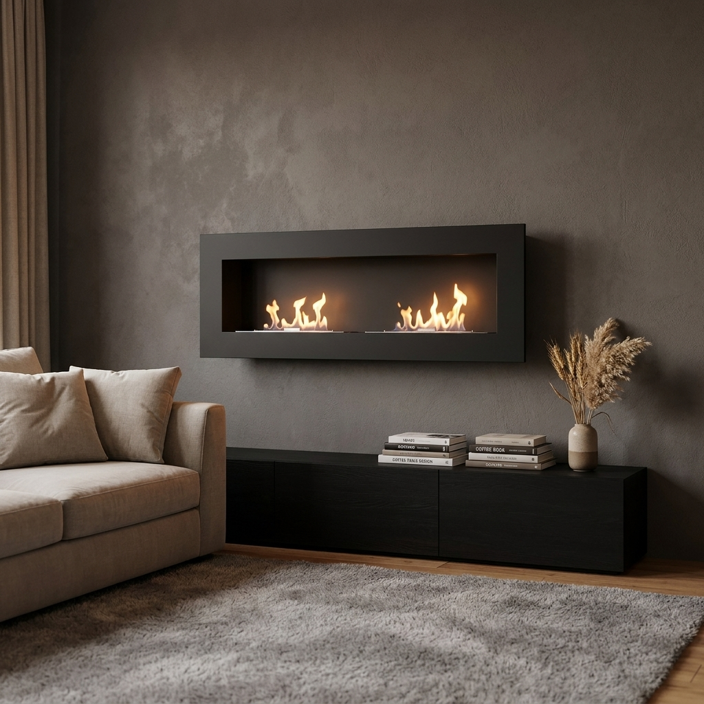 Murus 1600 black bio fireplace mounted on a charcoal-grey wall above a black-oak media console, lit flame