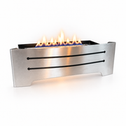 Bio ethanol fire basket insert with curved steel front, lit flame, studio view