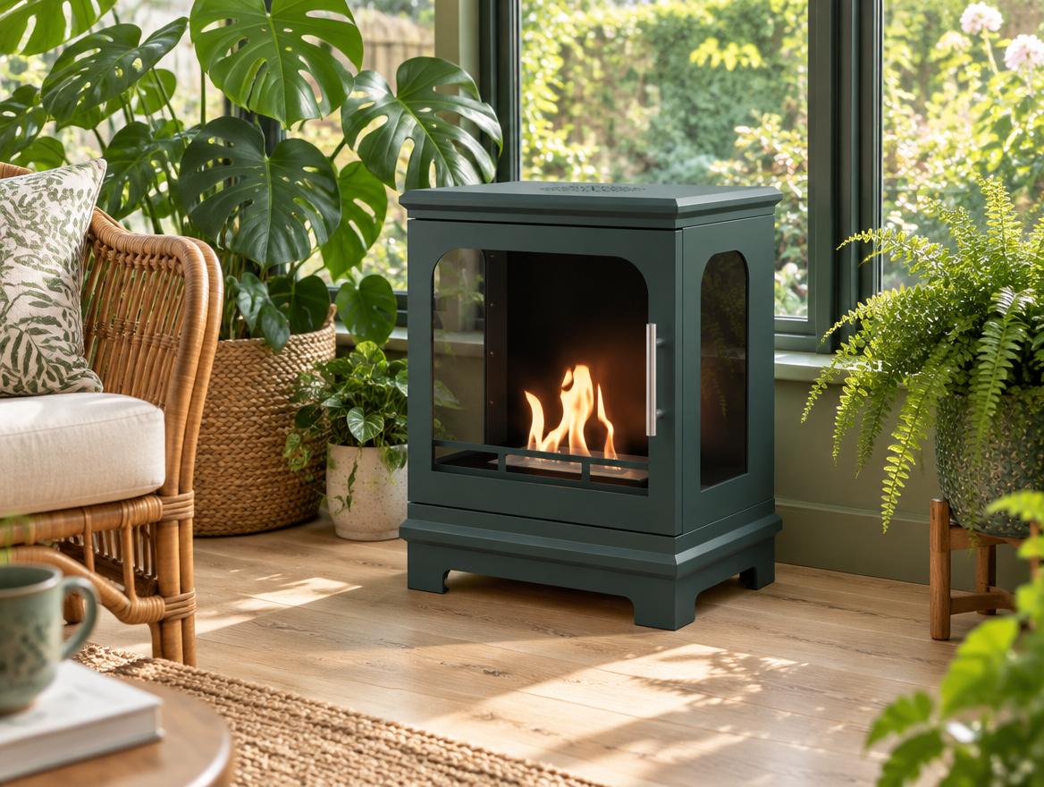 ScandiFlames Honolulu black green bioethanol stove in a plant-filled sunroom setting