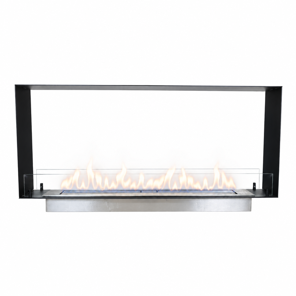 Foco Two 1200 Slim see-through bioethanol fireplace, studio shot with lit flame