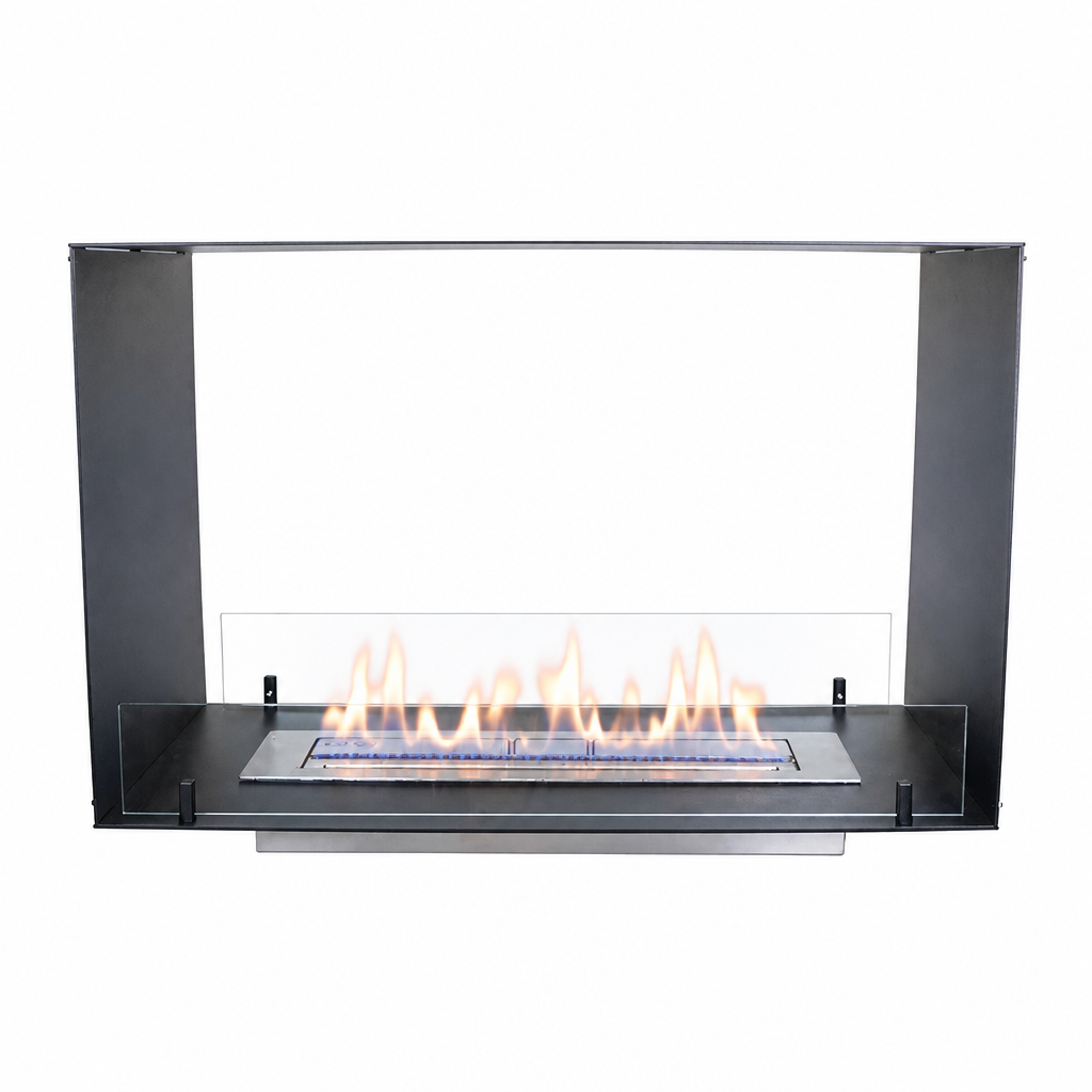 Foco Two 800 see-through bioethanol fireplace, studio shot with lit flame