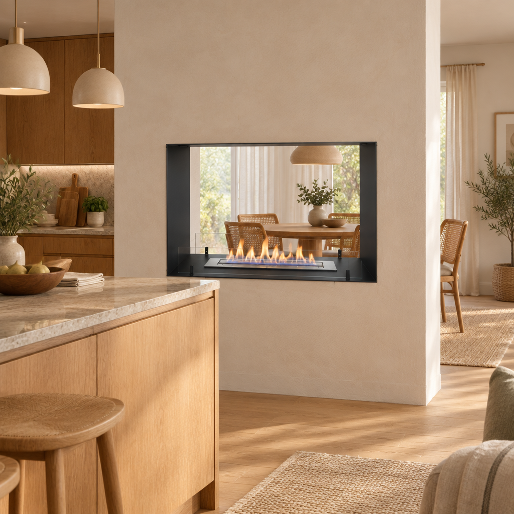 Foco Two 800 built into a partition wall between a kitchen and a dining area, lit flame visible from both sides