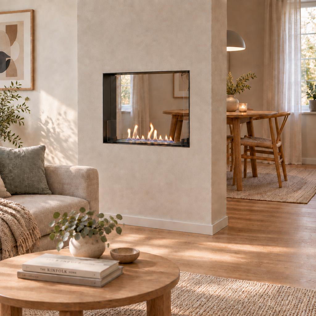 Foco Two 600 Slim built into a partition wall between a living room and dining nook, lit flame visible from both sides, correct oblique camera perspective