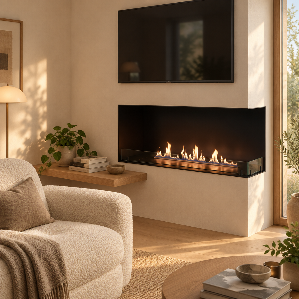 Foco Corner Right 1200 built into a warm off-white plastered corner niche living room, flame lit