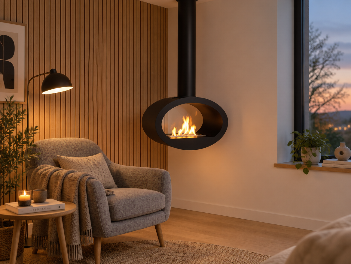 Toronto Black oval ceiling-mounted biofire hanging in a room corner, lit flame, wood-slat wall and cosy armchair