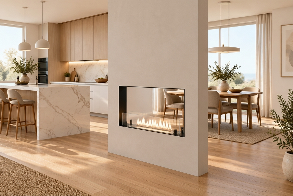 Foco Two 800 Ultra Slim bioethanol fireplace built into a slim partition wall in a modern kitchen and dining open-plan room with a calm lit flame