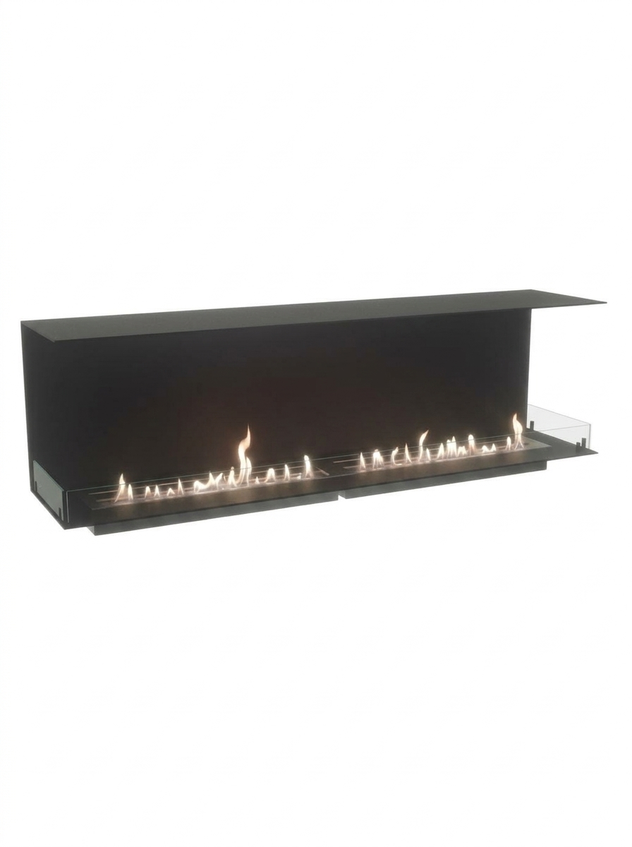 Foco Three 1800 three-sided bioethanol fireplace with a realistic lit flame, white background studio shot