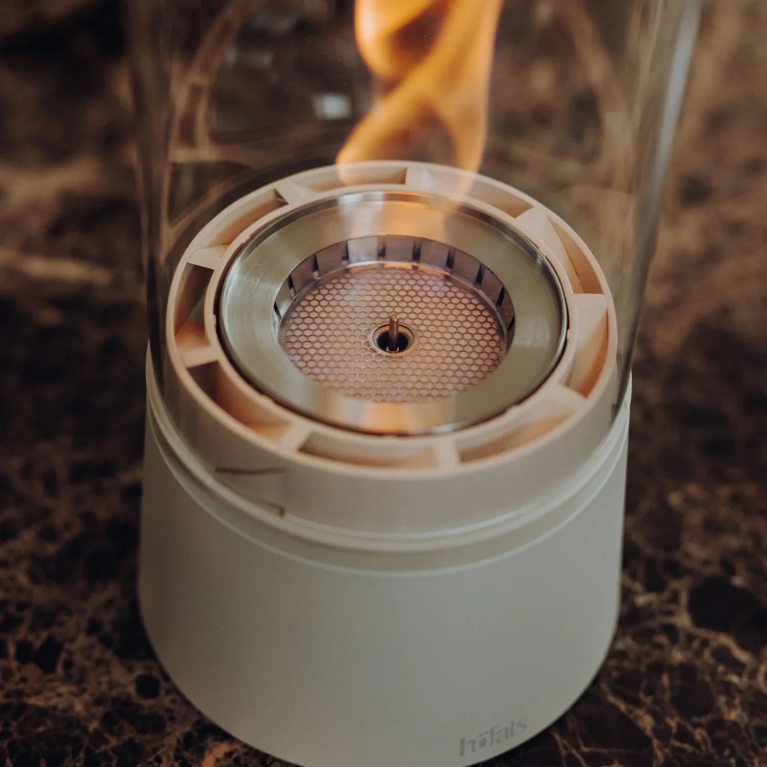 Höfats SPIN Air 900 Cream White Table Biofireplace with Tall Cylindrical Glass and rotating flames