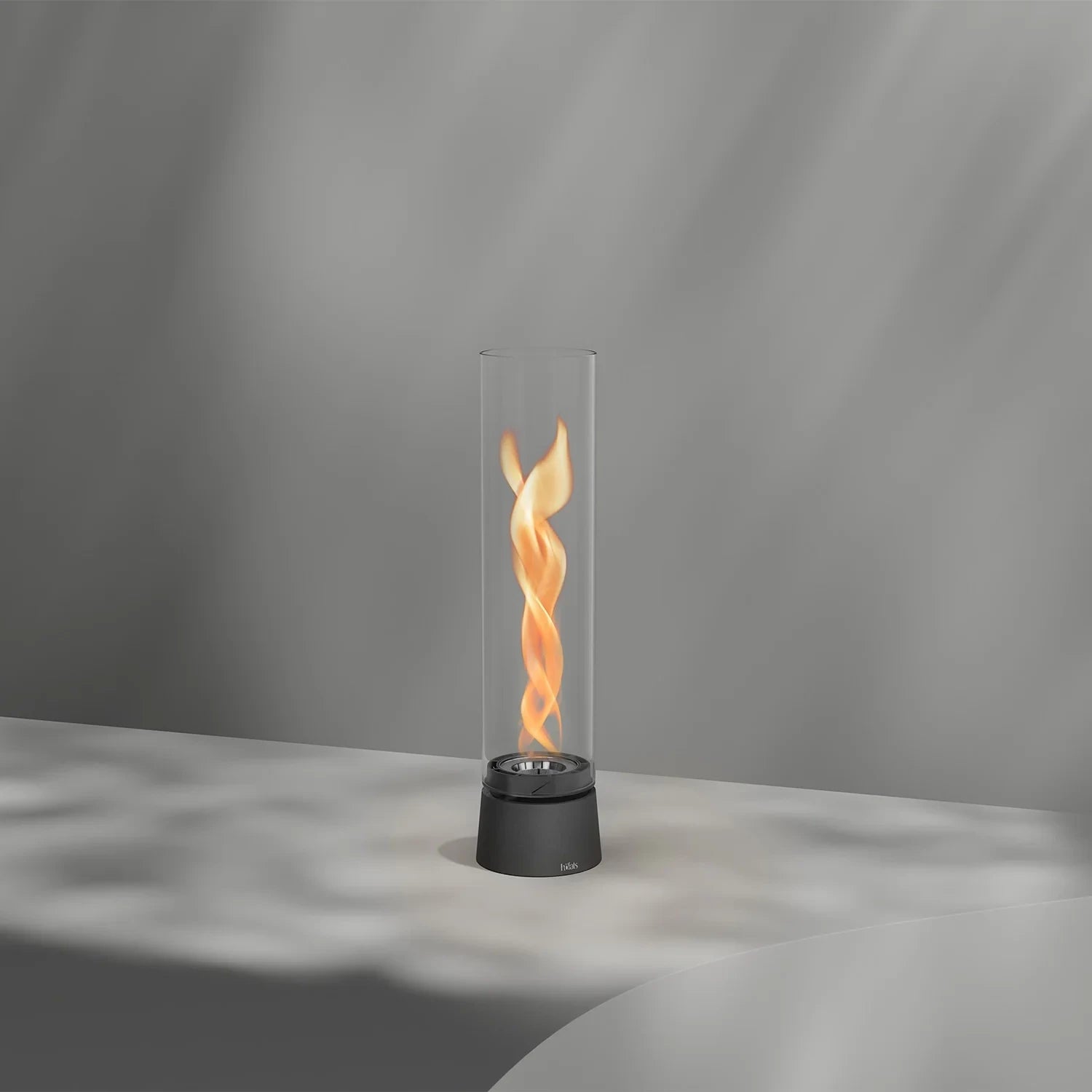 Höfats SPIN Air 900 matte black tabletop fireplace with high cylindrical glass and rotating flame