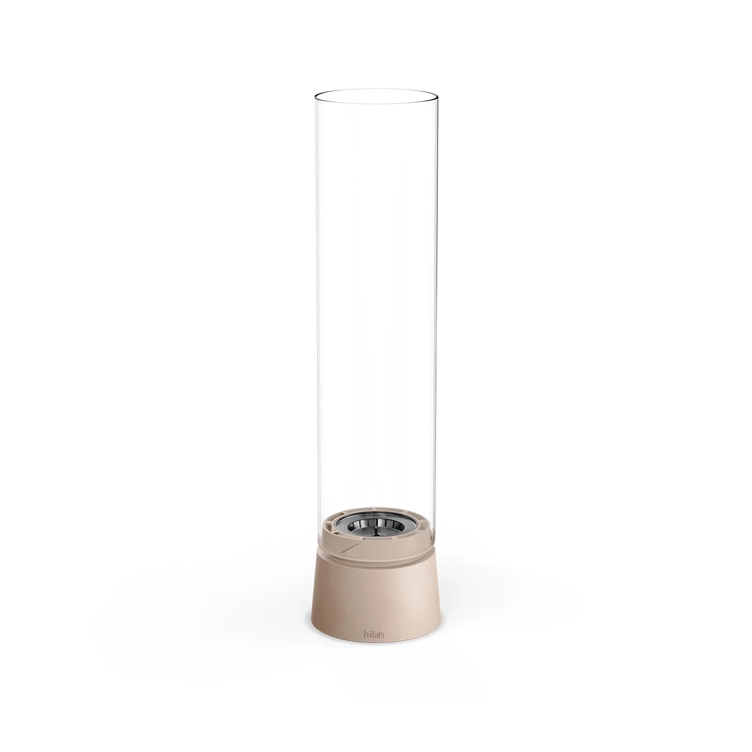 Höfats SPIN Air 1200 - Sand-colored tabletop bioethanol fireplace with tall cylindrical glass.
